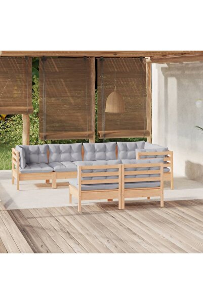 Concept Σετ επίπλων κήπου με γκρι μαξιλάρια, 7 τεμάχια, από μασίφ ξύλο πεύκου