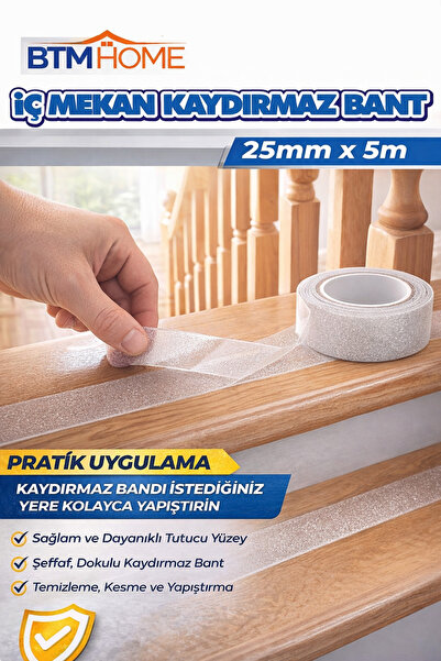 btm home Şeffaf Kaydırmaz Bant 25mm x 5m İç Mekan Merdiven Zemin Güvenlik Kay...