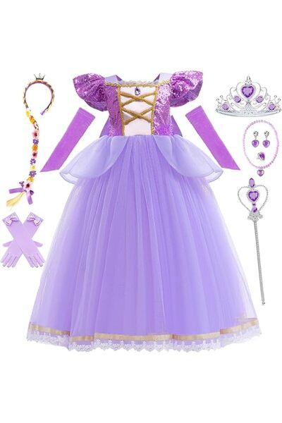 Arabest فستان رابونزيل للبنات الصغيرات، زي أميرة أرجواني مناسب لحفلات الهالوي...