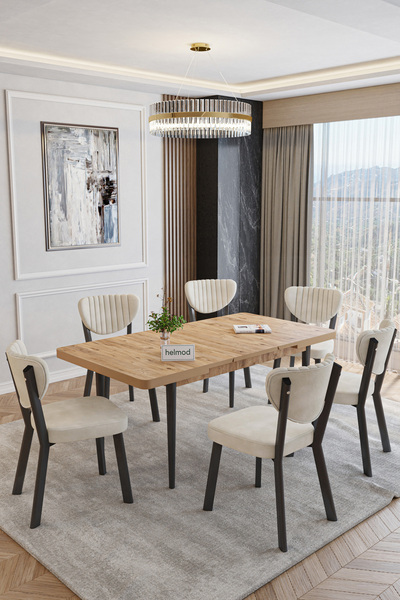 HELMOD Elma Serisi 6 Kişilik Açılır Masa Sandalye Takımı Mutfak Masası Takımı...