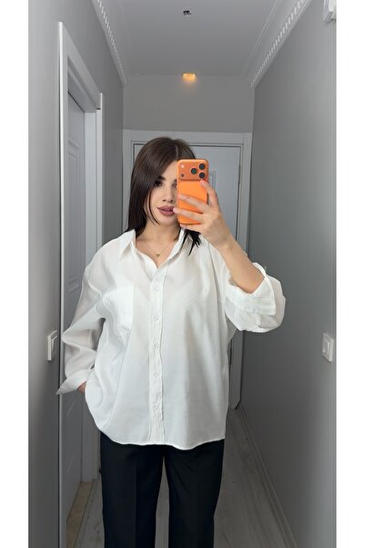 Alizstore Kadın Beyaz Oversize Gömlek Rahat Kesim Günlük Şık Gömlek