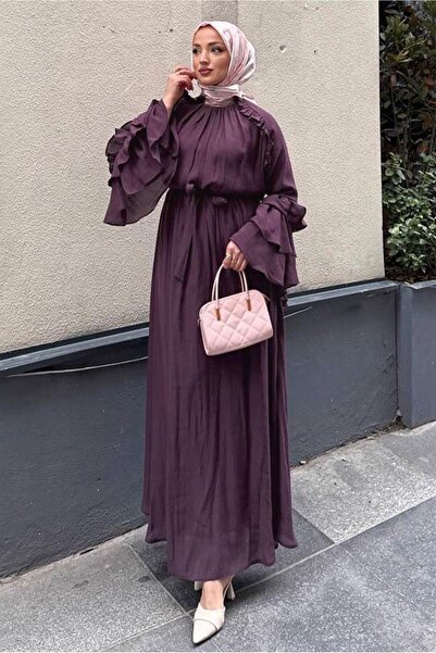 TRENDTESETTÜR KADIN Mürdüm KUŞAKLI FIRFIRLI ELBİSE T 5532