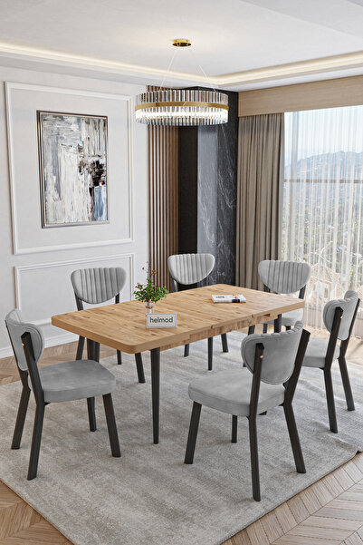 TOCE HOME Elma Serisi 6 Kişilik Açılır Masa Sandalye Takımı Mutfak Masası Tak...