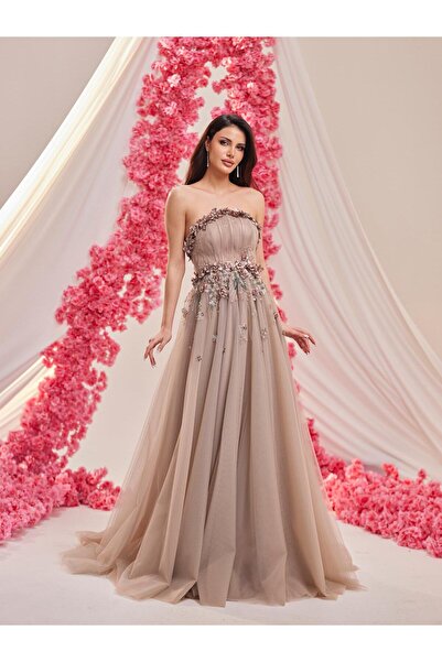 LADYGRACE KADIN ABİYE STRAPLEZ ASİMETRİK KESİM ÇİÇEK APLİKE DETAYLI TÜL ELBİSE