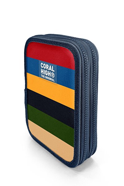 Coral High Kids Colorful Line Patterned Double-Layer Pen Bag 31103