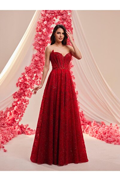 LADYGRACE KADIN ABİYE KORSAJ DETAYLI PAYET VE TÜL DETAYLI KLOŞ ETEKLİ ELBİSE