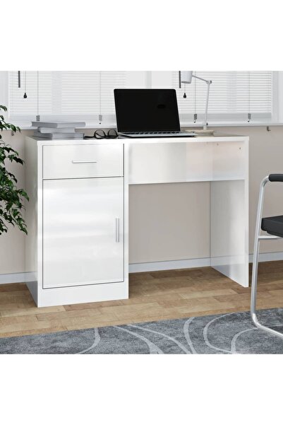 Concept Birou cu sertar și dulap, alb extralucios, 100x40x73 cm, lemn