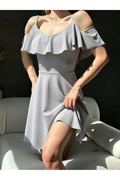 Modafeminen Рокля с раменни ленти, волани и кръгла яка, внос от креп, сива 58...