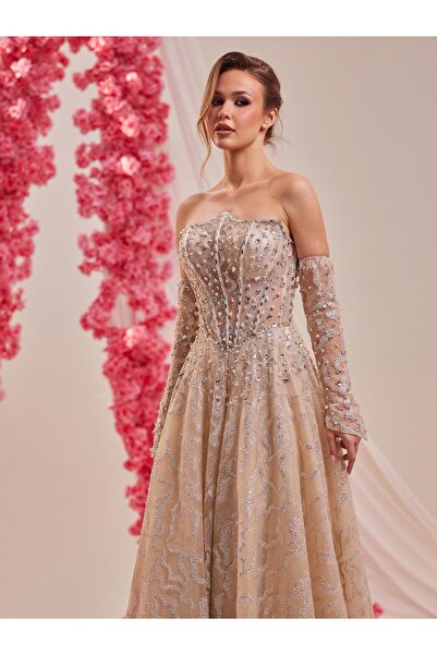 LADYGRACE KADIN ABİYE STRAPLEZ TAŞ İŞLEME DETAYLI PAYET KLOŞ ETEKLİ ELBİSE