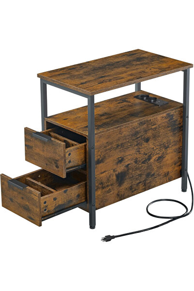 VASAGLE Noptieră cu priză și USB, 2 sertare și rafturi, 35x60x61cm, maro/negru