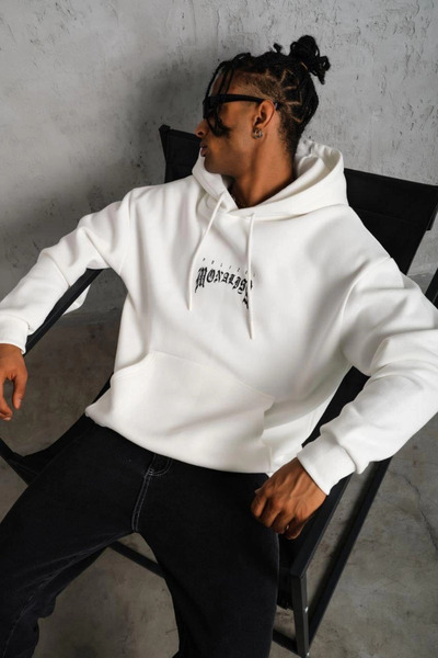 Generic Brand Men's Printed Hooded and Kangaroo Pocket Sweatshirt Hoodie - White