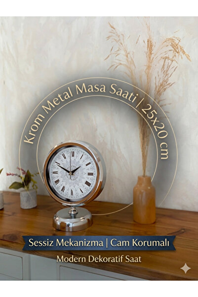 KOLAYEV Krom Metal Masa Saati 25x20 cm | Sessiz Mekanizma Cam Korumalı Modern...