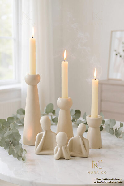 NURA CO 3'lü Mumluk + 3'lü Aile Figürü Biblo | 6'lı Luxury Set | Dekoratif Ob...