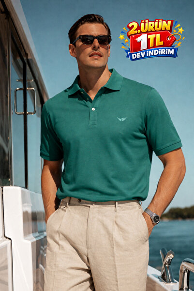 DAMGA JEANS Ανδρικό καθημερινό άνετο μπλουζάκι με λαιμόκοψη πόλο σε χρώμα μέντας