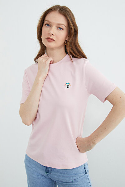 Fulla Moda Dog Embroidered Crew Neck T-Shirt