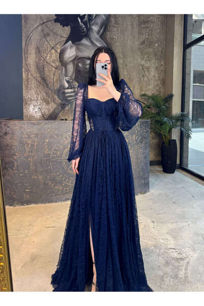 missswans Daliya Dantelli Balon Uzun Kol Korseli Önü Yırtmaçlı Abiye Lacivert