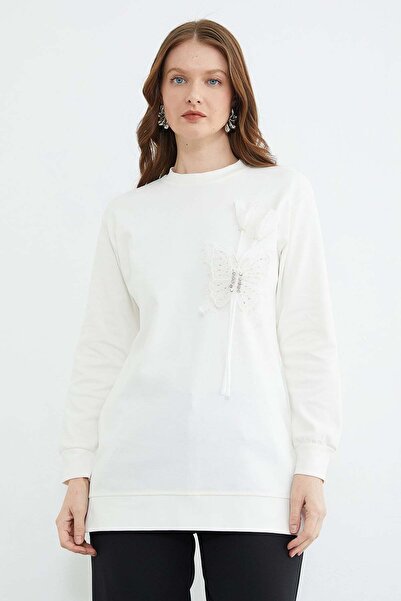 Fulla Moda Butterfly Embroidered Stoned Crew Neck Tunic