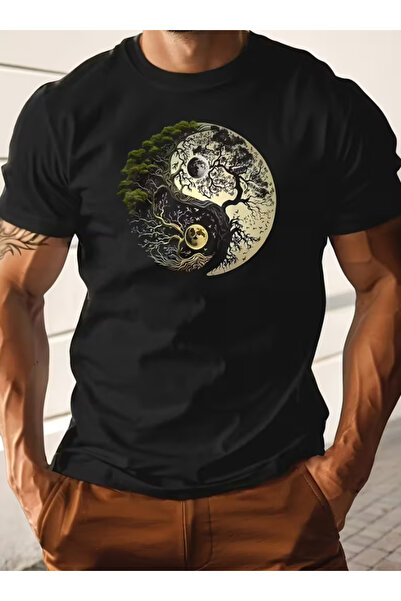 LİNA06 تيشيرت رجالي عصري بأكمام قصيرة ورقبة دائرية مزين برسومات شجرة الين وال...