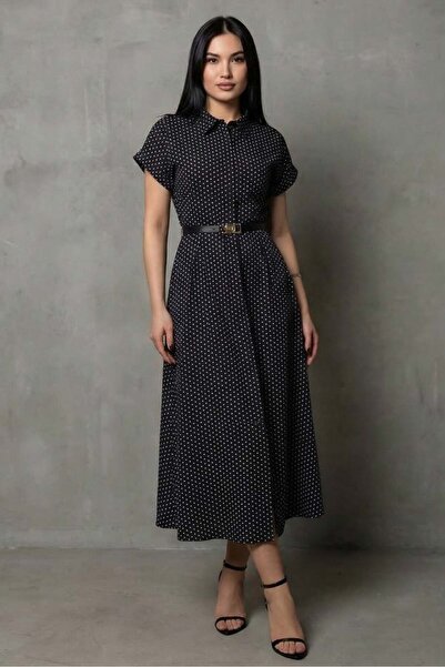 Madmext Black Polka Dot Pack Belt Pack Shirt Women's Dress Mg2787