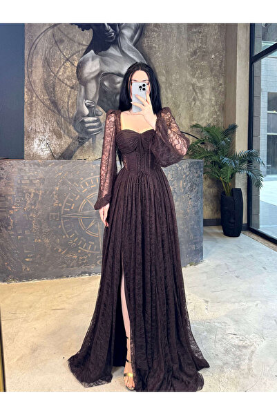 missswans Daliya Dantelli Balon Uzun Kol Korseli Önü Yırtmaçlı Abiye Kahve