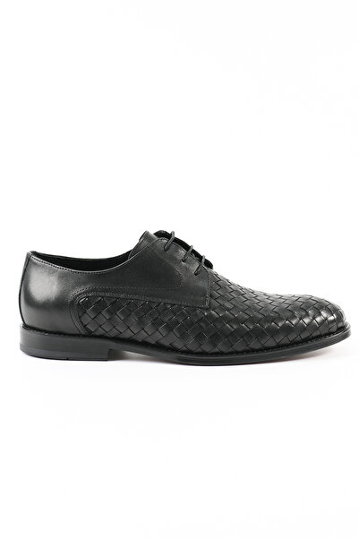 Tuna Genuine Leather Black Knitted Derby Model Men's Shoes, Leather - K4503
