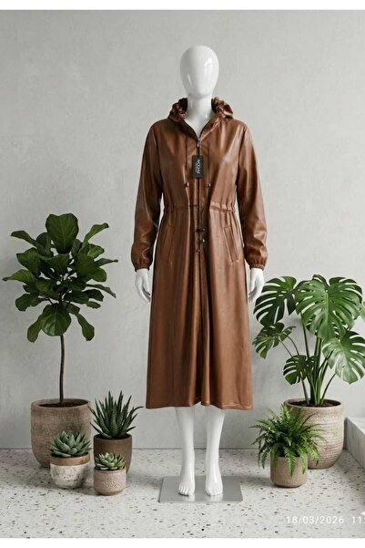 Leydi Mirr Uzun Suni Deri Kapüşonlu Pardesü