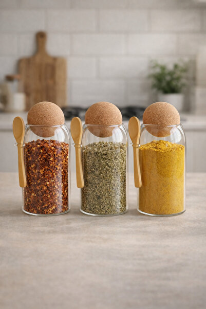 Kitchen Way Set of Bamboo Borosilicate Jars with Cork Lids and 3Spoons Kw-386B