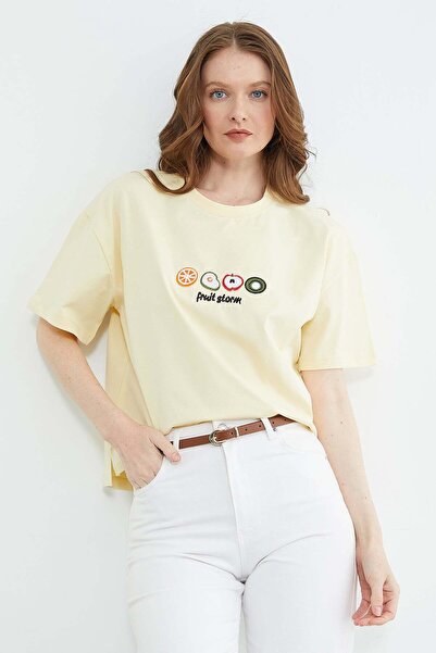 Fulla Moda Fruit Embroidered Slit Oversized T-Shirt