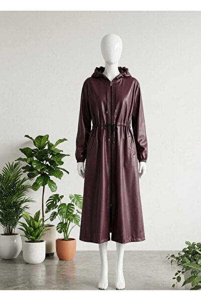 Leydi Mirr Uzun Suni Deri Kapüşonlu Pardesü