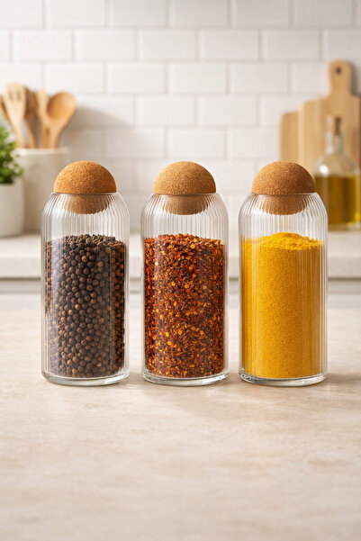 Kitchen Way Borosilicate Line Patterned 1000ml 3-Piece Jar Set with Cork Lid ...