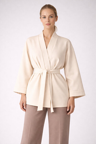 Glowear Atelier Women's Cream Color Design Belted Kimono Jacket