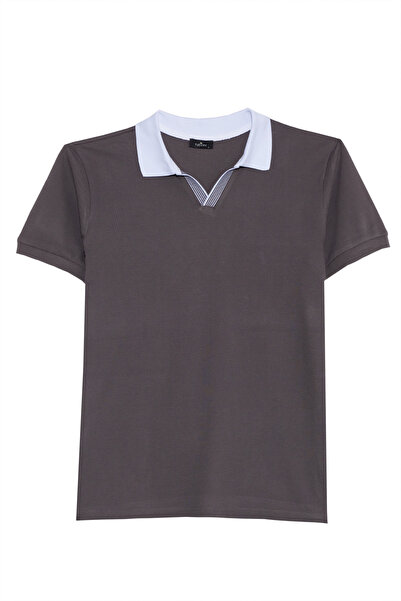 Tudors تيشيرت رجالي ضيق بقصة رفيعة 100% قطن بلون رمادي داكن مع ياقة بولو