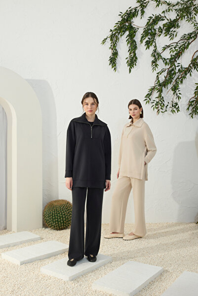 Aker Black Collar and Side Slits Zippered Modal Sweatshirt