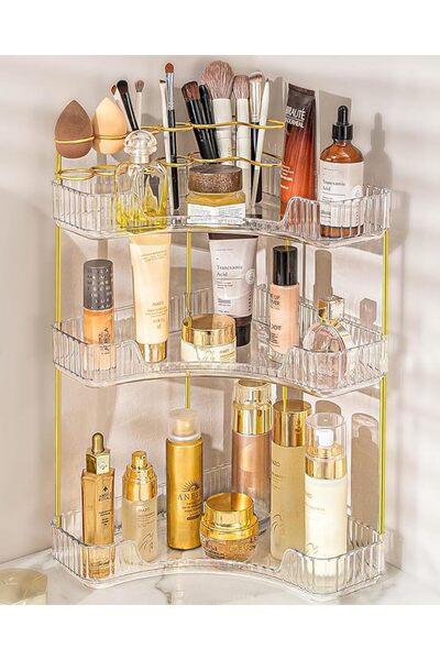 Arabest منظم مكياج للزينة، منظم زاوية للحمام بثلاثة أرفف (شفاف)