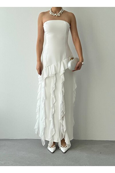 LOKADI Women's Strapless Slit Ruffle Detail Chiffon Evening Dress Mezonit