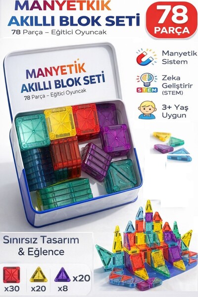 SİNKA Manyetik Yapı Blokları 3D Renkli Mıknatıslı 78 Parça Manyetik Blok Eğit...