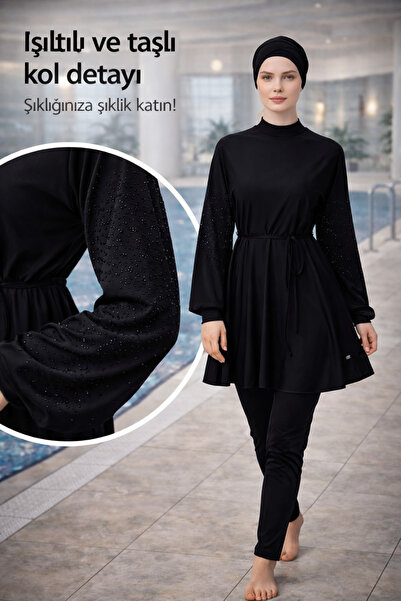 YUYİ Adasea Quick Drying Swimsuit Fabric with Stone Details on the Sleeves, S...