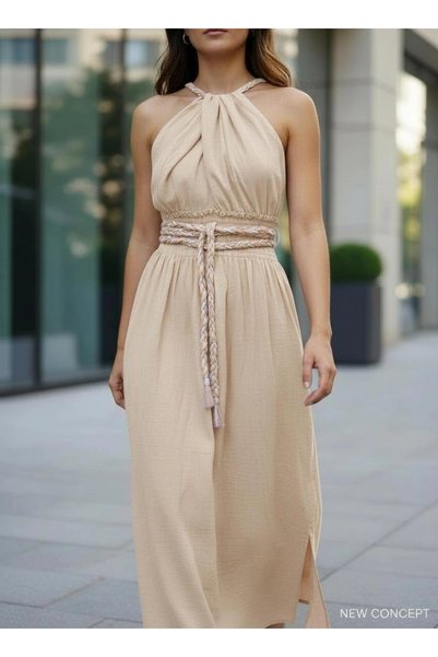Su Koleksiyon Petunya Knitted Detail Bohemia Dress / Beige