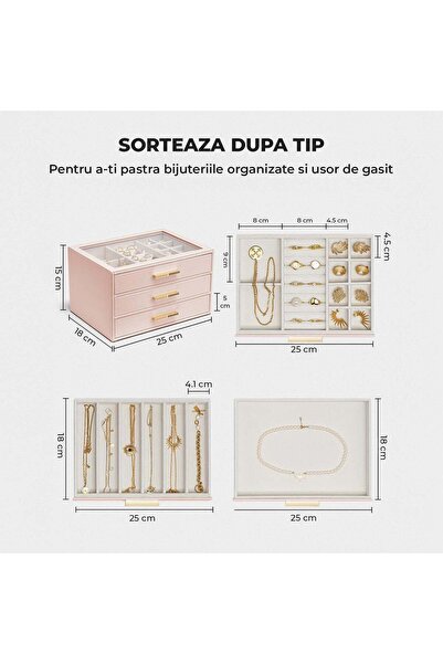 Elindor ® Cutie de bijuterii cu 3 niveluri, 3 sertare, spațiu de depozitare pentru inele, 18 × 25 × 15 cm, roz