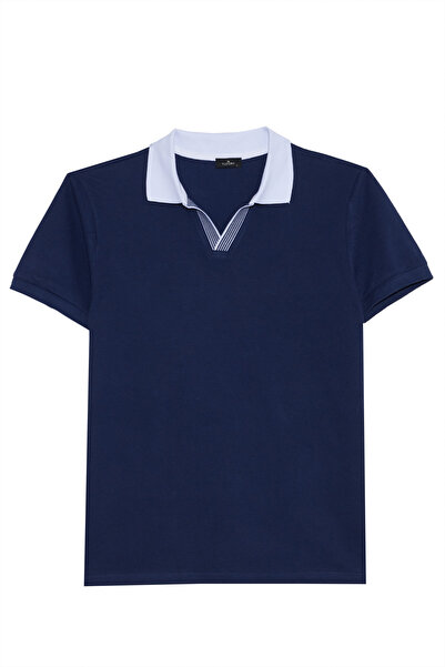 Tudors تيشيرت بولو رجالي ضيق بقصة نحيفة 100% قطن باللون الأزرق الداكن