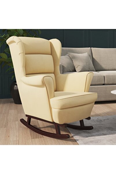 Concept Κουνιστή πολυθρόνα με πόδια από μασίφ ξύλο καουτσούκ, κρεμ, Βελούδο