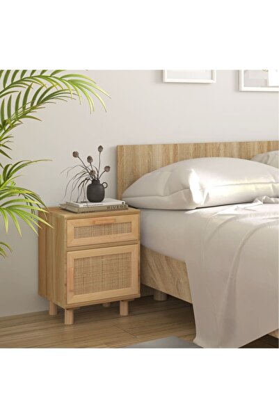 Concept Noptieră, maro, lemn masiv de pin și ratan