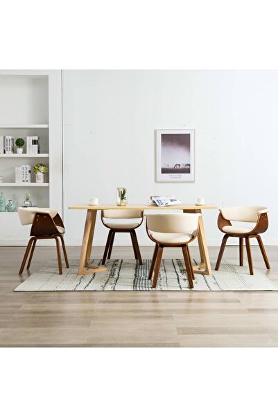 Concept Καρέκλες κουζίνας, 4 τεμάχια, κρεμ, καμπυλωτό ξύλο & οικολογικό Δερμά...