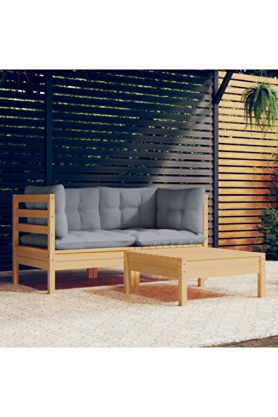 Concept Σετ επίπλων κήπου με γκρι μαξιλάρια, 3 τεμάχια, από μασίφ ξύλο πεύκου