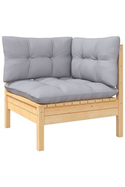 Concept Γωνιακός καναπές κήπου με γκρι μαξιλάρια, από μασίφ ξύλο πεύκου