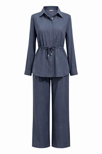 Mixray 4845 women's loose fit navy blue set with waist tie