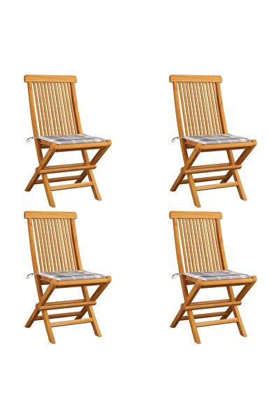 Concept Καρέκλες κήπου, γκρι καρό μαξιλάρια, 4 τεμάχια, μασίφ ξύλο τικ