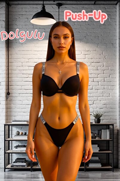 SATTENS Underwired Black Bra Set with Stones, Top and Bottom Set