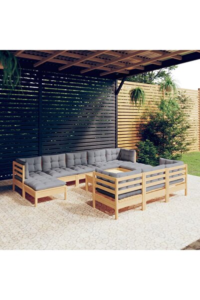 Concept Σετ επίπλων κήπου με μαξιλάρια, 11 τεμάχια, γκρι, μασίφ ξύλο πεύκου