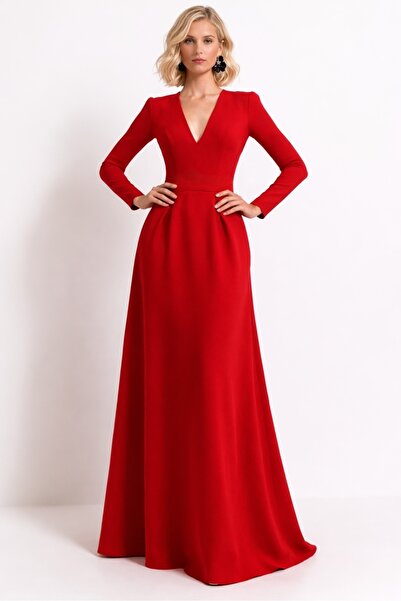 UNTIMELY V-Neck & Maxi Length Red Crepe Dress